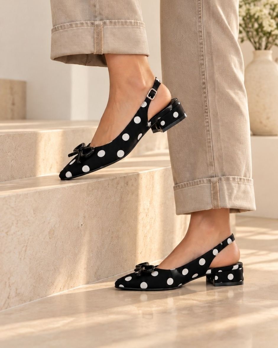 60458 ZAPATILLA DESTALONADA DE TACÓN DELGADO CON MOÑO DECORATIVO Y CORREA AJUSTABLE AL TOBILLO