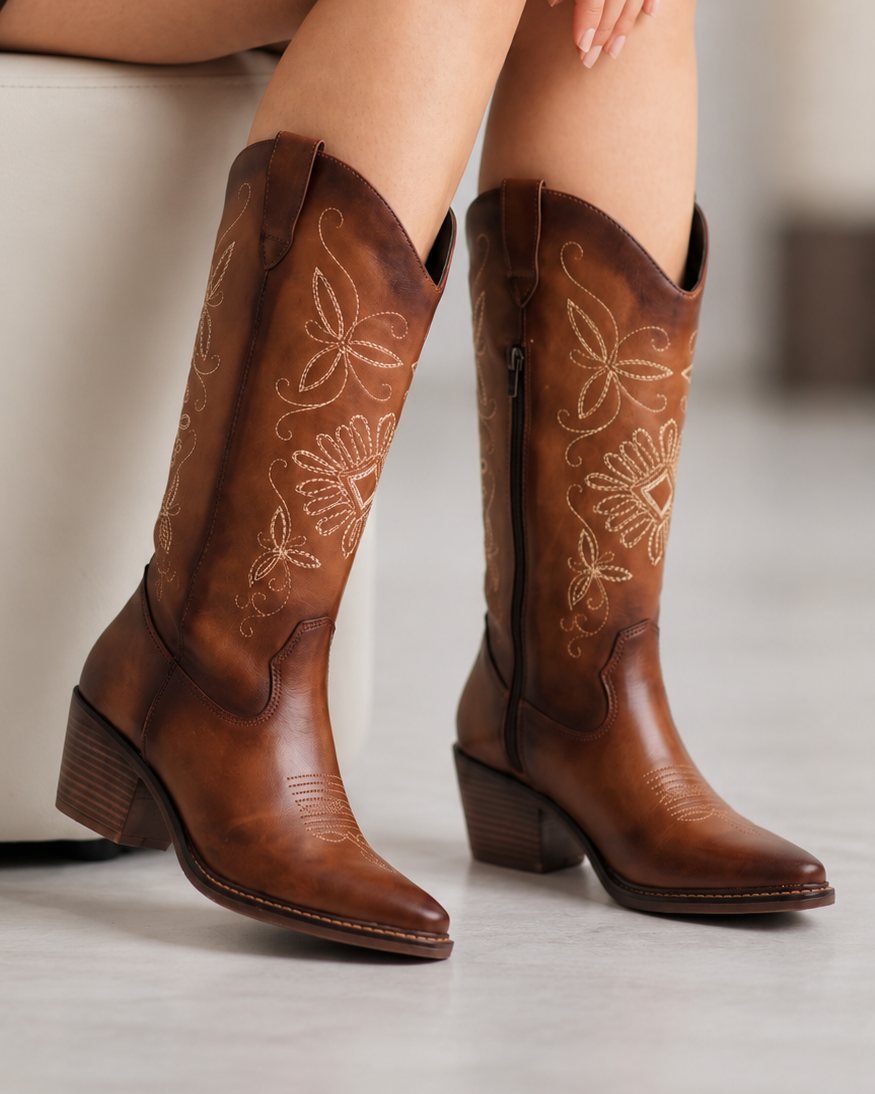 00032 BOTA VAQUERA ALTA CON BORDADO DE FLORES Y TACÓN BAJO Y ANCHO