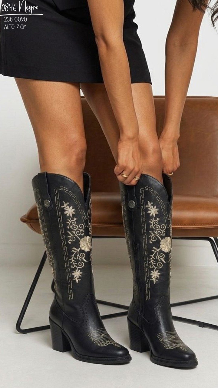 00846 BOTAS ESTILO WESTERN CON BORDADO DE FLORES ELEGANTE CON TACON Y PLATAFORMA MUY COMODAS SUELA ANTIDESLIZANTE