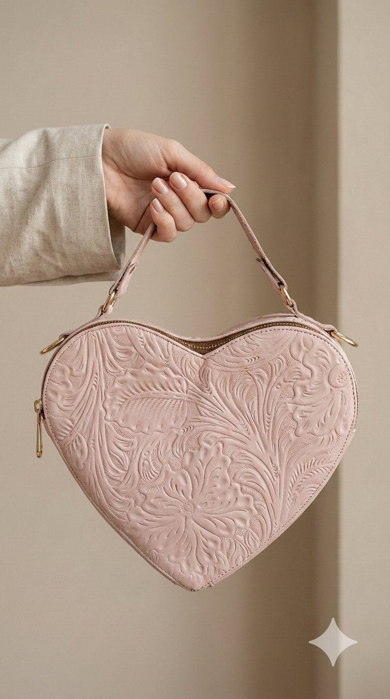 Bolsa Corazón fabricada en piel genuina con correa larga para colgarse