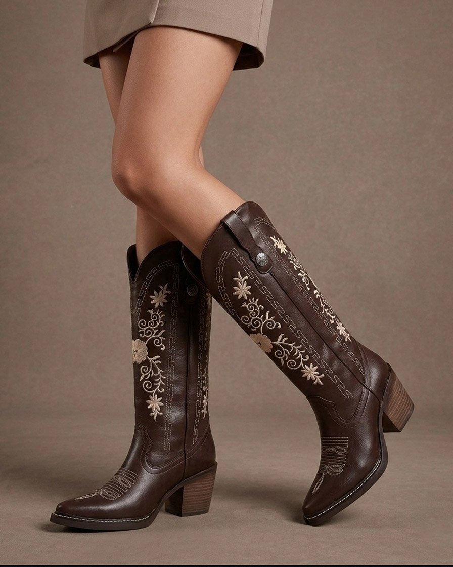 00846 BOTAS ESTILO WESTERN CON BORDADO DE FLORES ELEGANTE CON TACON Y PLATAFORMA MUY COMODAS SUELA ANTIDESLIZANTE