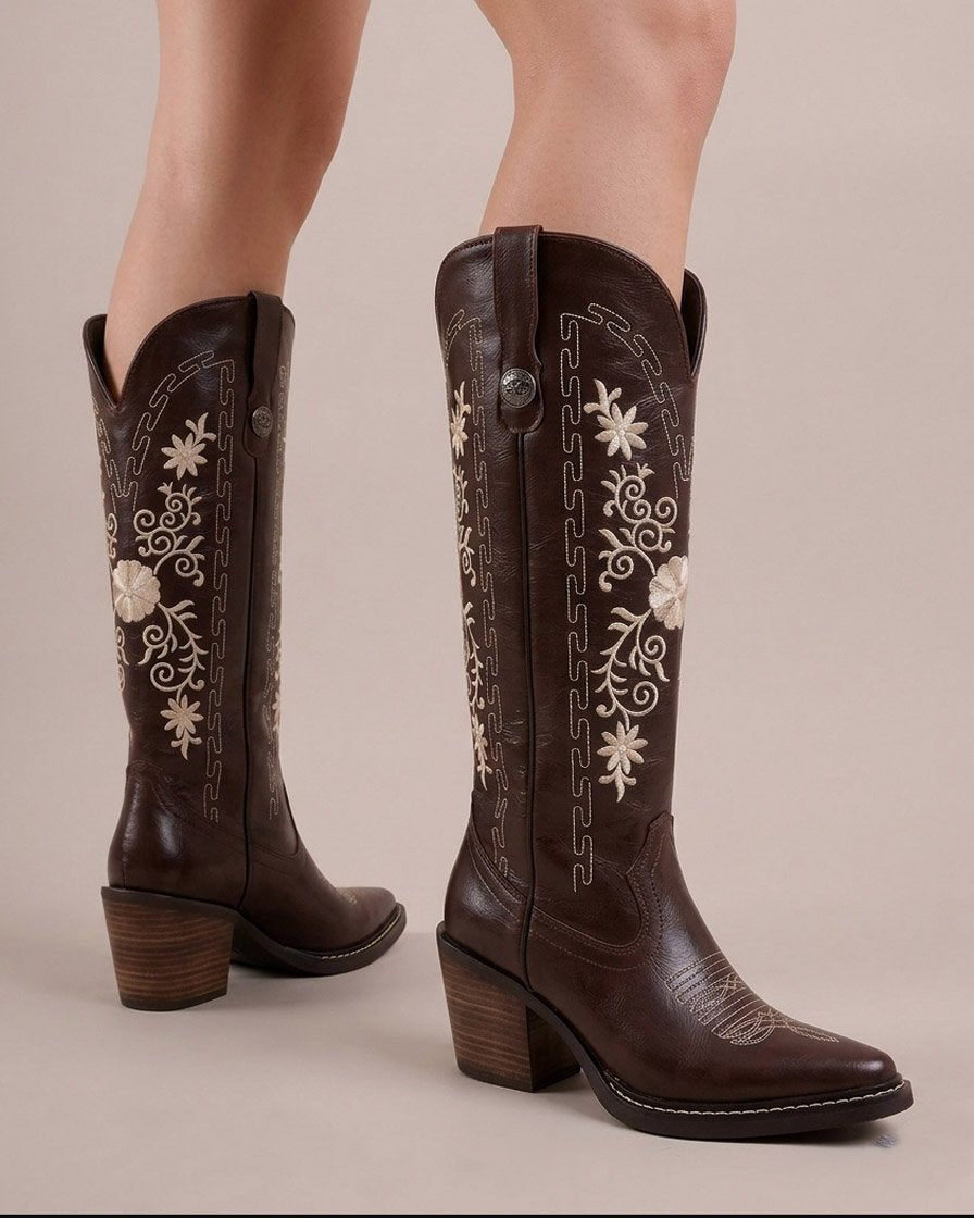 00846 BOTAS ESTILO WESTERN CON BORDADO DE FLORES ELEGANTE CON TACON Y PLATAFORMA MUY COMODAS SUELA ANTIDESLIZANTE