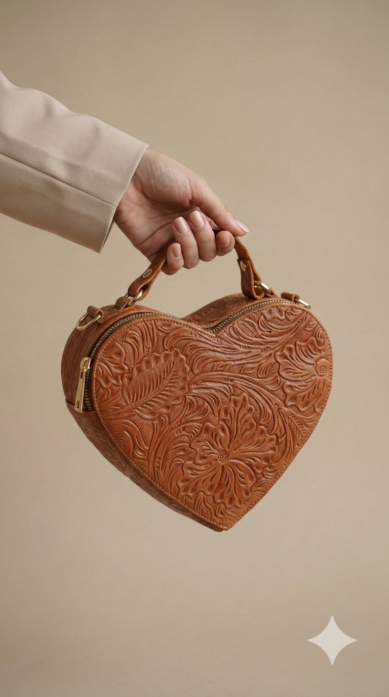 Bolsa Corazón fabricada en piel genuina con correa larga para colgarse