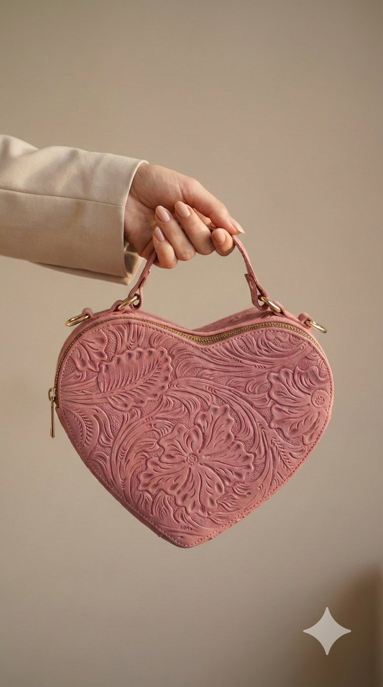 Bolsa Corazón fabricada en piel genuina con correa larga para colgarse