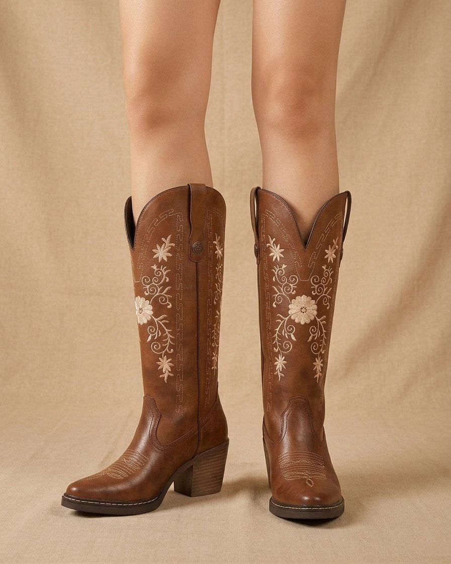 00846 BOTAS ESTILO WESTERN CON BORDADO DE FLORES ELEGANTE CON TACON Y PLATAFORMA MUY COMODAS SUELA ANTIDESLIZANTE