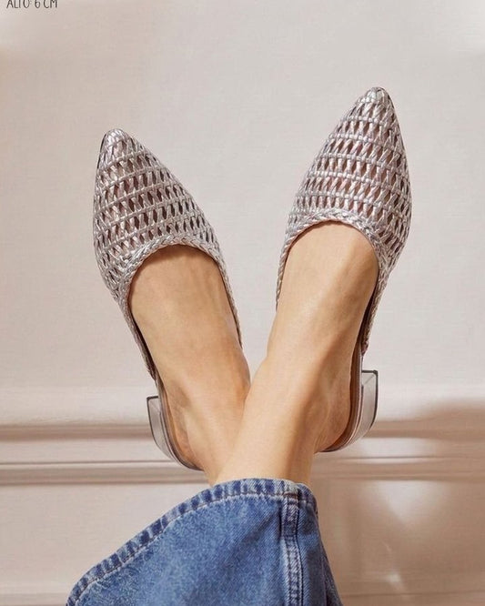 00343 ZAPATILLA MULE TEJIDA METALICA EN COLOR PLATA CON TACON BAJO Y ANCHO