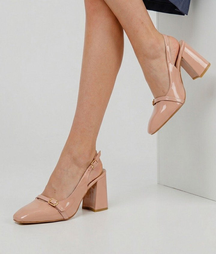 60442 Zapatillas de tacón grueso elegantes con tira y hebilla en el empeine con punta semi cuadrada