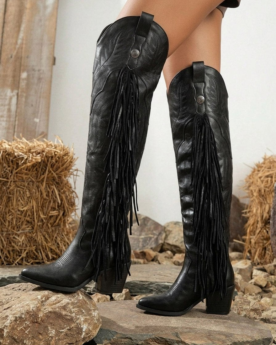 00840 BOTAS ALTAS DEBAJO DE LA RODILLA DISEÑO COWBOY PUNTA AFILADA TACON BAJO Y ANCHO