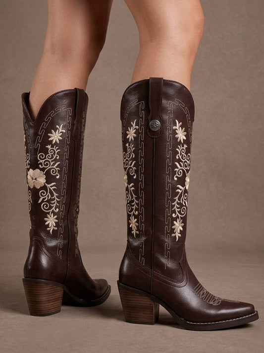 00846 BOTAS ESTILO WESTERN CON BORDADO DE FLORES ELEGANTE CON TACON Y PLATAFORMA MUY COMODAS SUELA ANTIDESLIZANTE