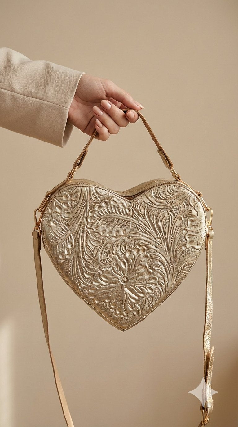 Bolsa Corazón fabricada en piel genuina con correa larga para colgarse