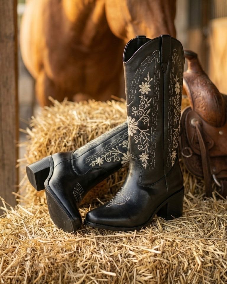 00001 BOTAS VAQUERAS CON DISEÑO BORDADO DE FLORES MUY ELEGANTES CON CIERRE LATERAL TACON ANCHO Y BAJO COMODAS Y RESISTENTES