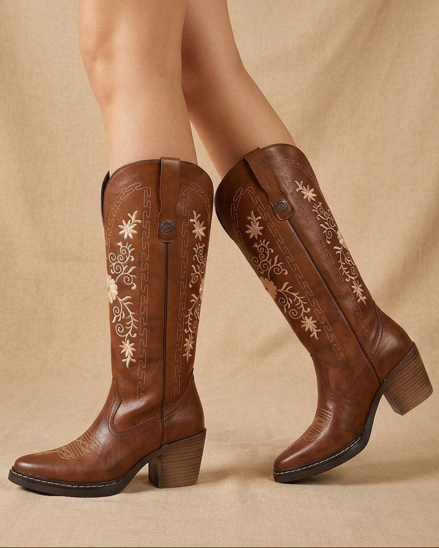 00846 BOTAS ESTILO WESTERN CON BORDADO DE FLORES ELEGANTE CON TACON Y PLATAFORMA MUY COMODAS SUELA ANTIDESLIZANTE