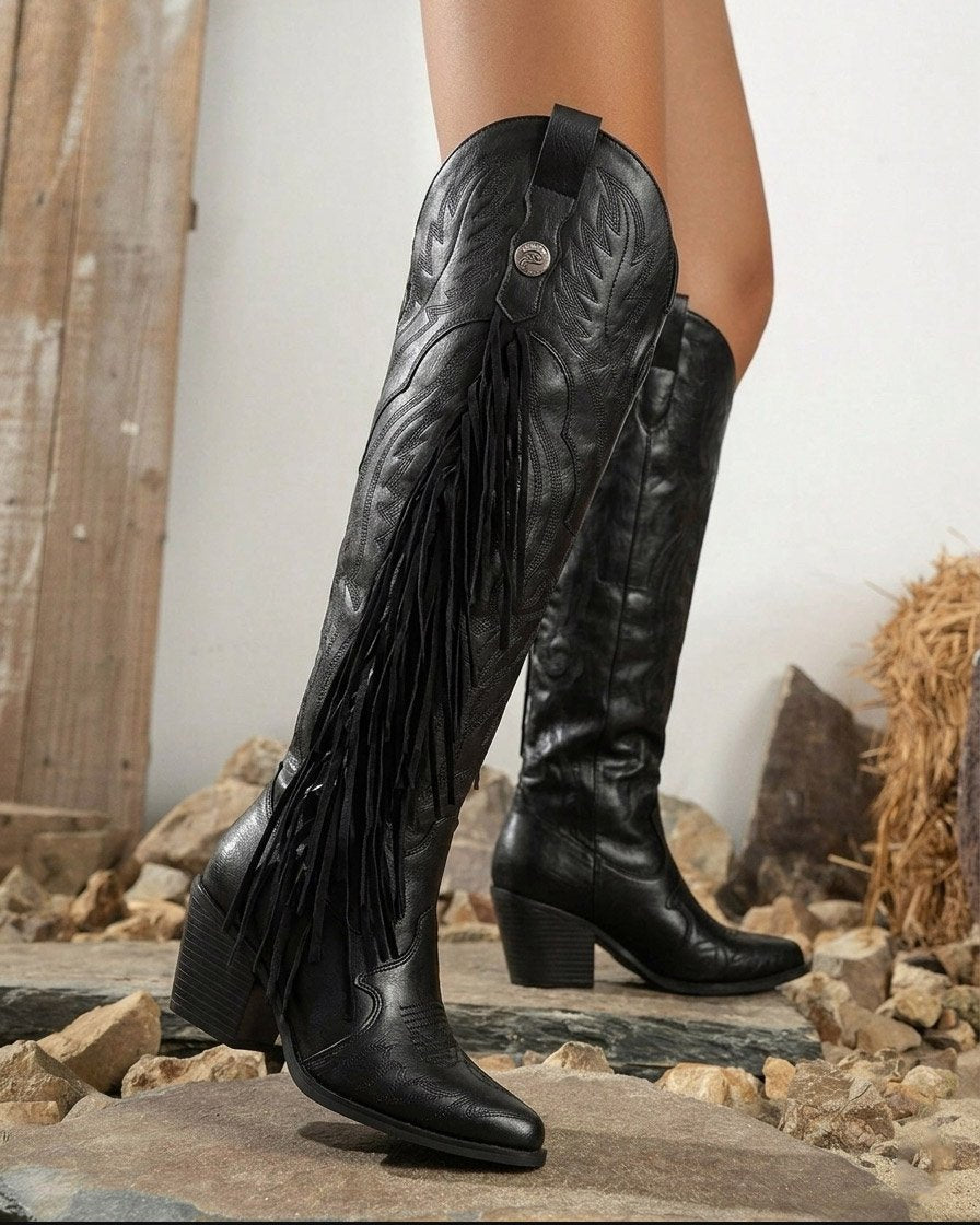 00840 BOTAS ALTAS DEBAJO DE LA RODILLA DISEÑO COWBOY PUNTA AFILADA TACON BAJO Y ANCHO