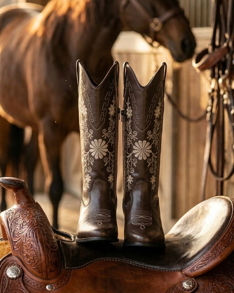 00001 BOTAS VAQUERAS CON DISEÑO BORDADO DE FLORES MUY ELEGANTES CON CIERRE LATERAL TACON ANCHO Y BAJO COMODAS Y RESISTENTES