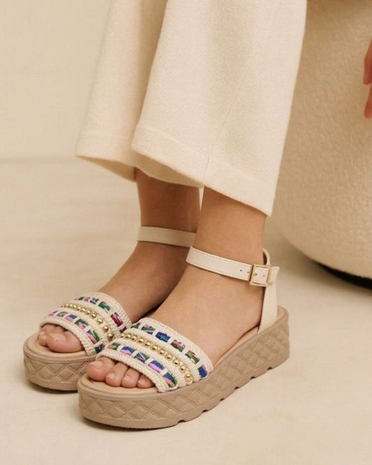 09007 SANDALIAS DE DAMA CON PLATAFORMA COMODA CHINELA ALRTESANAL CON TEJIDO MULTICOLOR CORREA AJUSTABLE CON HEBILLA