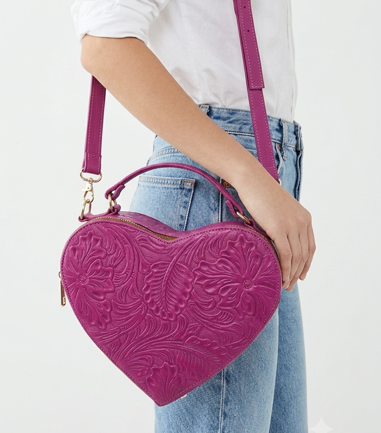 Bolsa Corazón fabricada en piel genuina con correa larga para colgarse