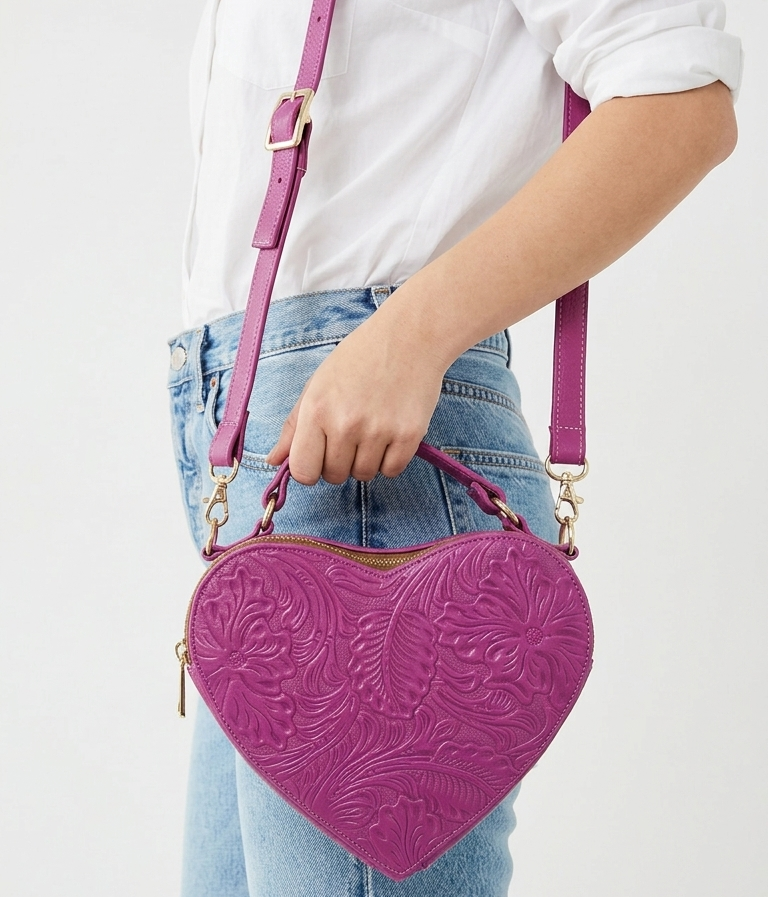 Bolsa Corazón fabricada en piel genuina con correa larga para colgarse