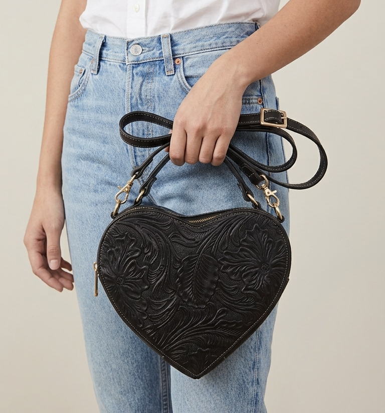 Bolsa Corazón fabricada en piel genuina con correa larga para colgarse