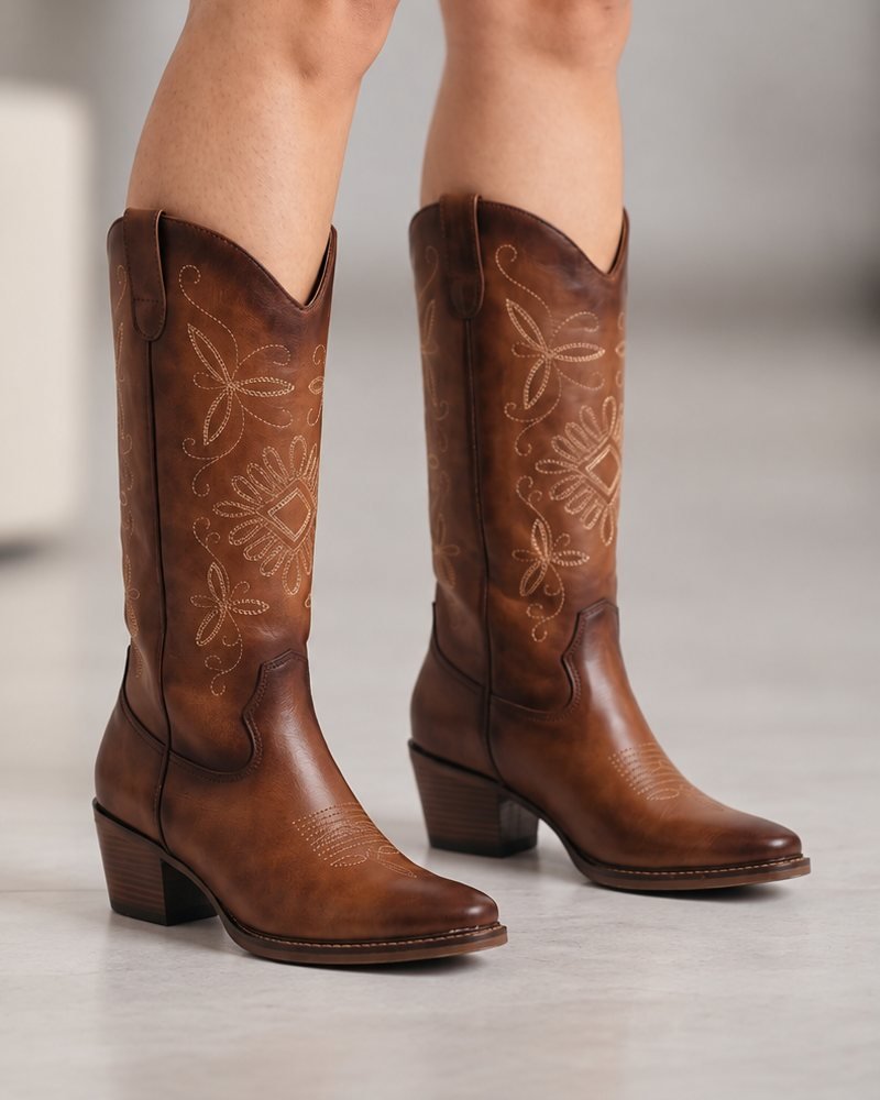 00032 BOTA VAQUERA ALTA CON BORDADO DE FLORES Y TACÓN BAJO Y ANCHO