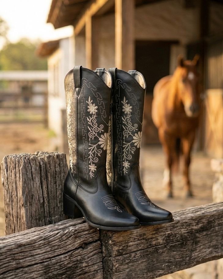 00001 BOTAS VAQUERAS CON DISEÑO BORDADO DE FLORES MUY ELEGANTES CON CIERRE LATERAL TACON ANCHO Y BAJO COMODAS Y RESISTENTES