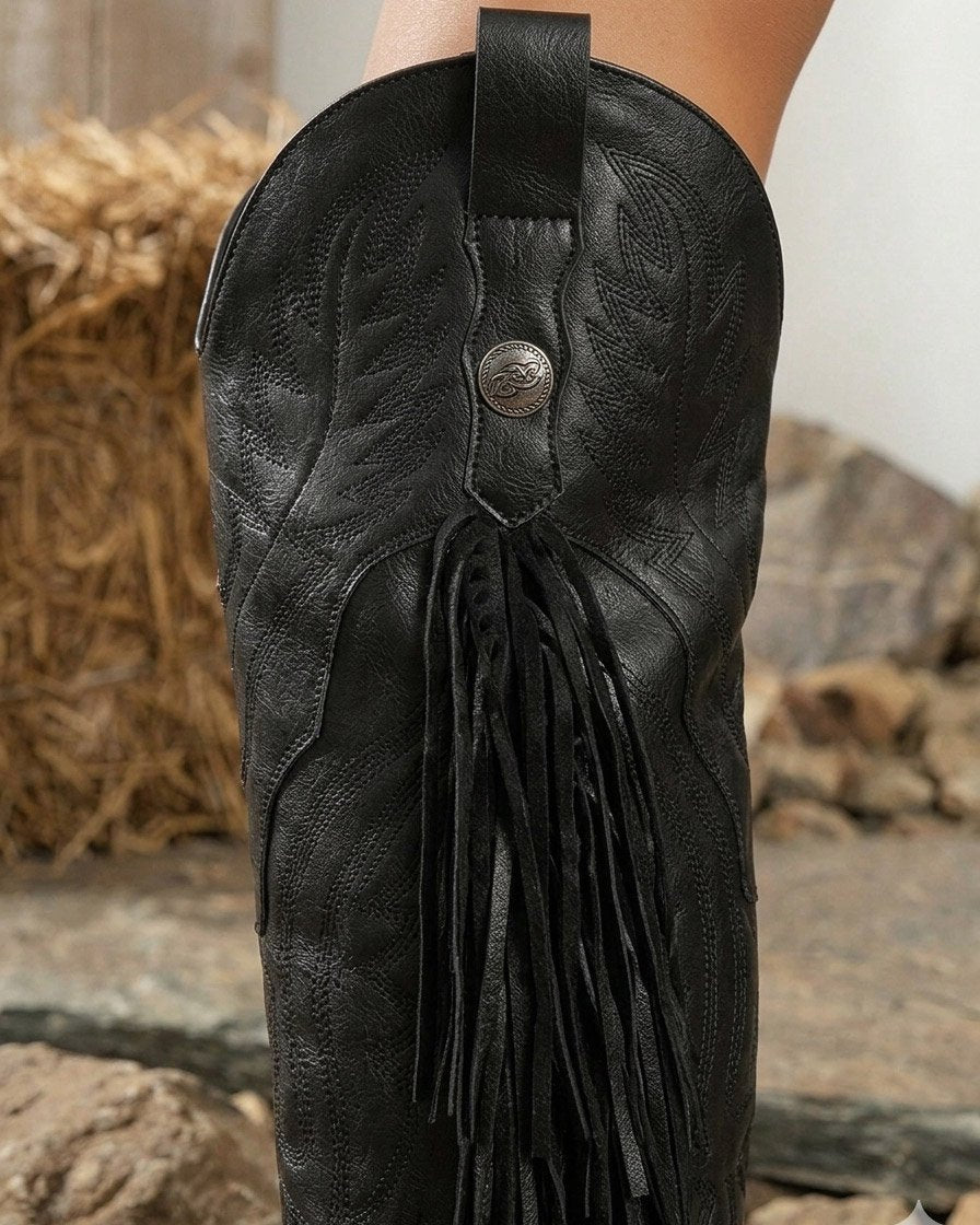 00840 BOTAS ALTAS DEBAJO DE LA RODILLA DISEÑO COWBOY PUNTA AFILADA TACON BAJO Y ANCHO