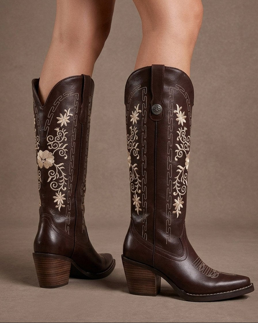 00846 BOTAS ESTILO WESTERN CON BORDADO DE FLORES ELEGANTE CON TACON Y PLATAFORMA MUY COMODAS SUELA ANTIDESLIZANTE