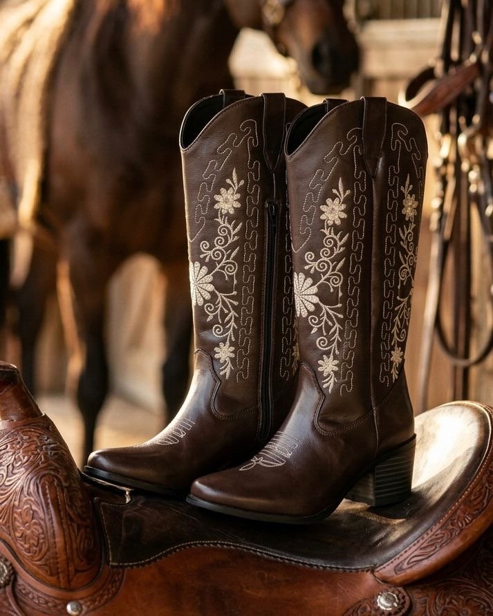 00001 BOTAS VAQUERAS CON DISEÑO BORDADO DE FLORES MUY ELEGANTES CON CIERRE LATERAL TACON ANCHO Y BAJO COMODAS Y RESISTENTES